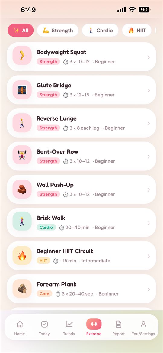 Exercise library of strength, cardio and HIIT workouts labelled with sets and difficulty