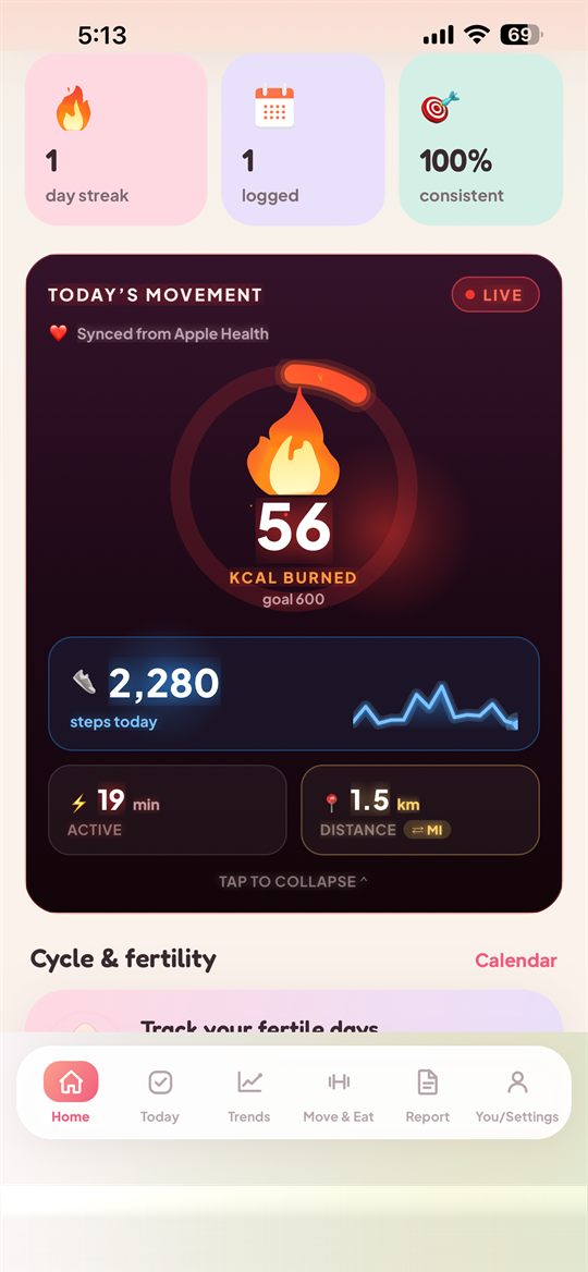 PCOS Ai home screen: a logging streak, calories burned and steps synced from Apple Health