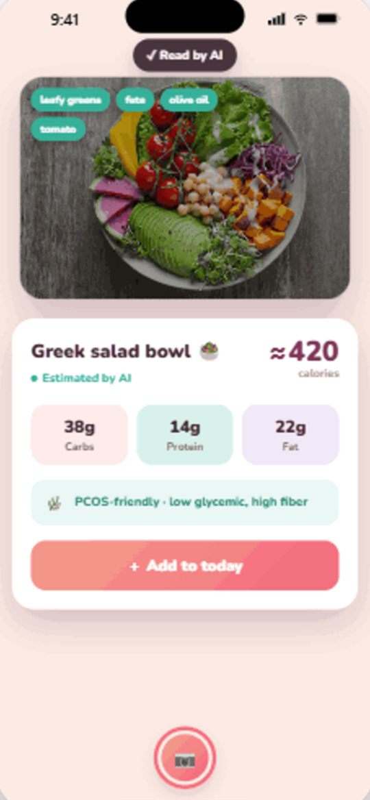 A photo of a Greek salad bowl read by AI, estimated at 420 calories with carbs, protein and fat
